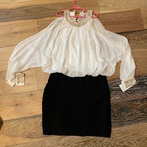 Cache Cold Shoulder Long Sleeve Beaded Dress